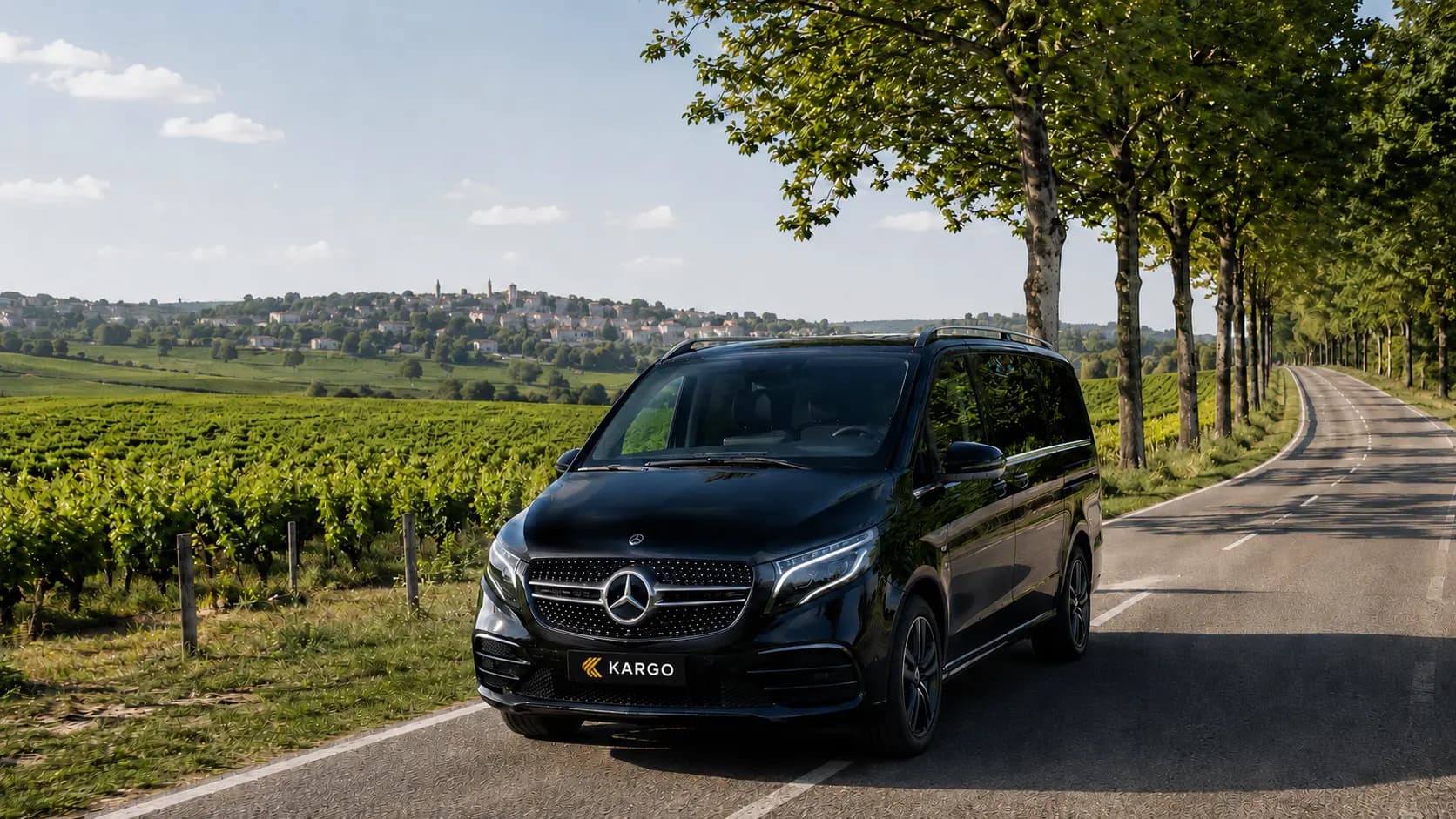 Private Mercedes V-Class on a scenic road through the French countryside near Paris