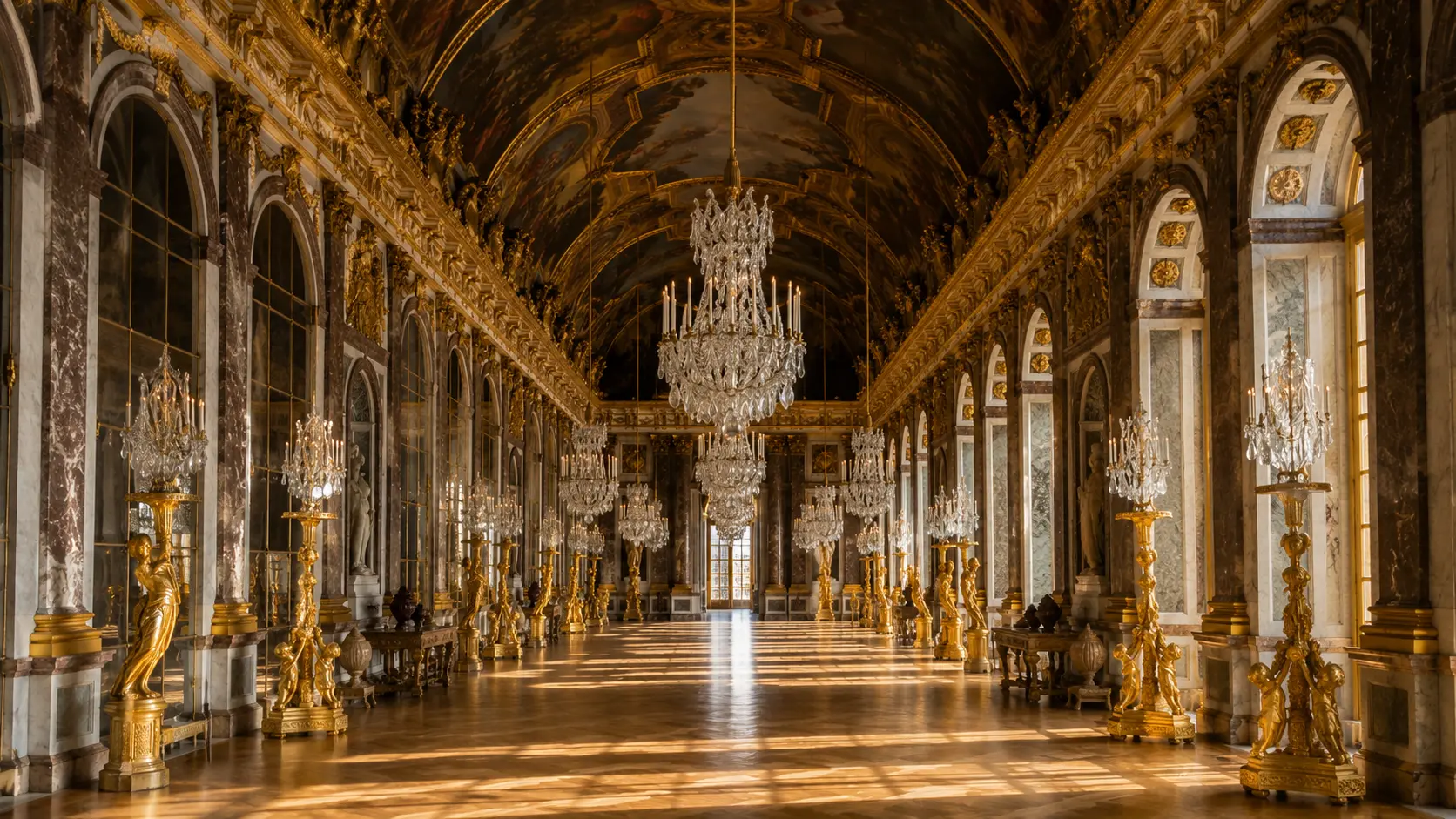 Hall of Mirrors Palace of Versailles interior gilded ceiling