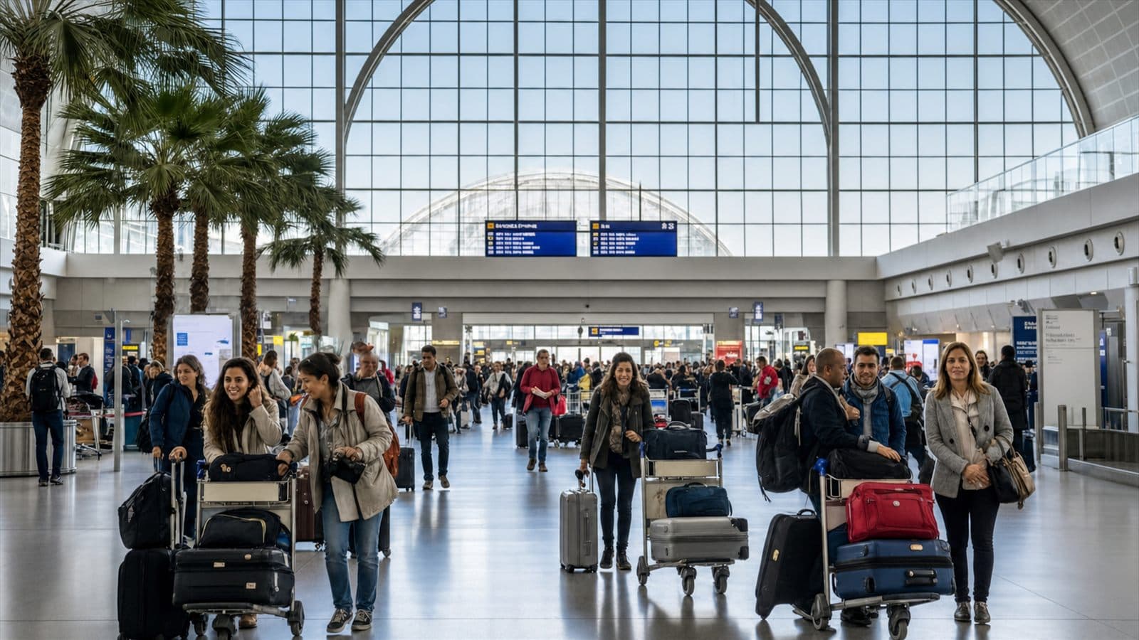 Passengers with luggage in the arrivals hall at Paris Charles de Gaulle Airport before travelling into the city