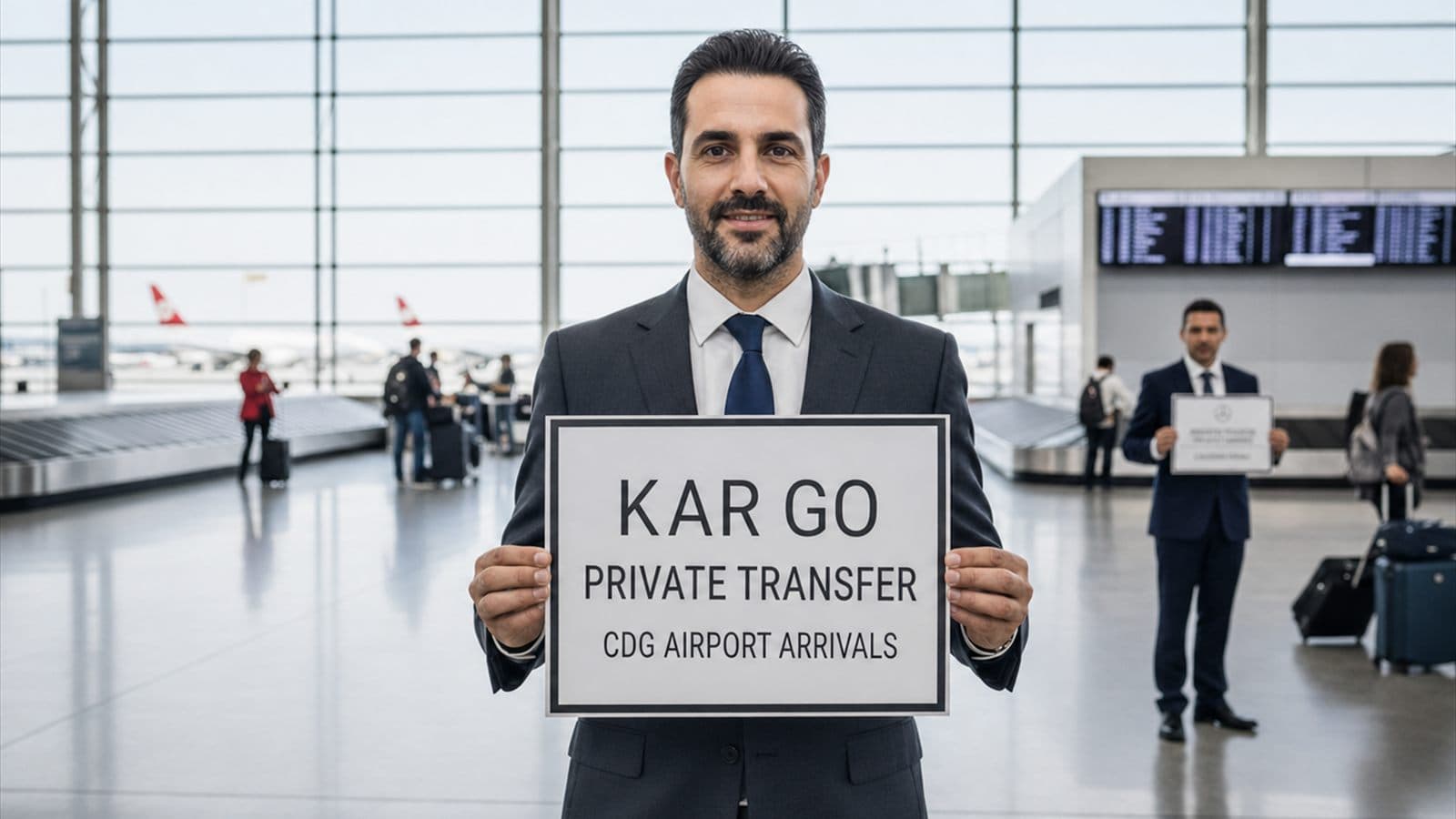 KAR GO private chauffeur holding a pickup sign in the arrivals hall at CDG Airport