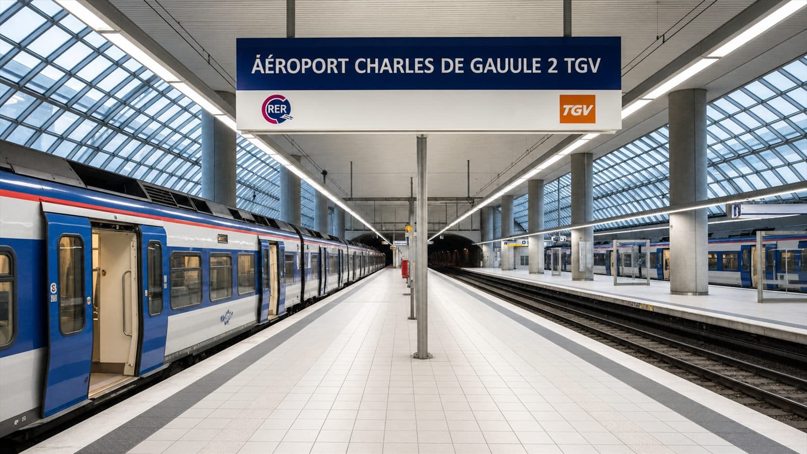 RER B train platform at Aéroport Charles de Gaulle 2 TGV station for travel from CDG airport to Paris