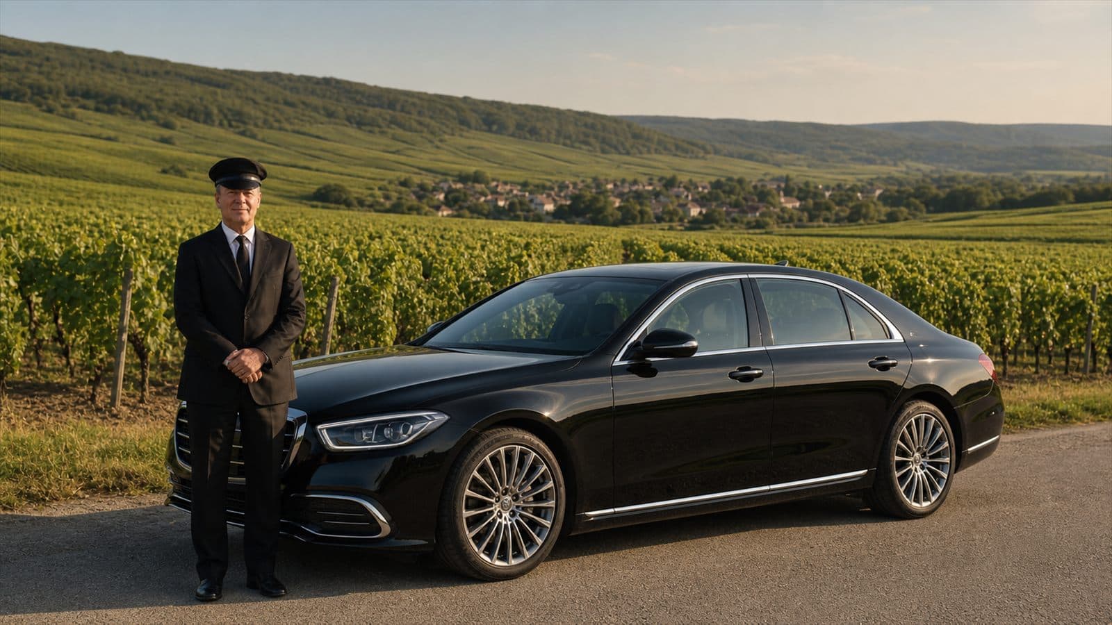 Private chauffeur beside a luxury car in Champagne vineyards during a day trip from Paris