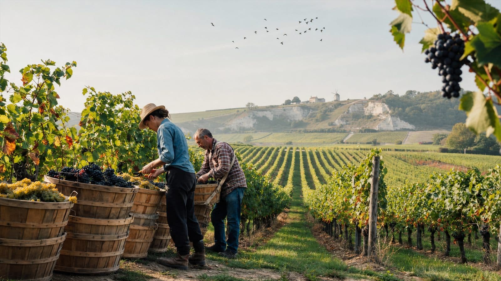 Vineyard workers harvesting ripe grapes by hand during the autumn Champagne harvest season