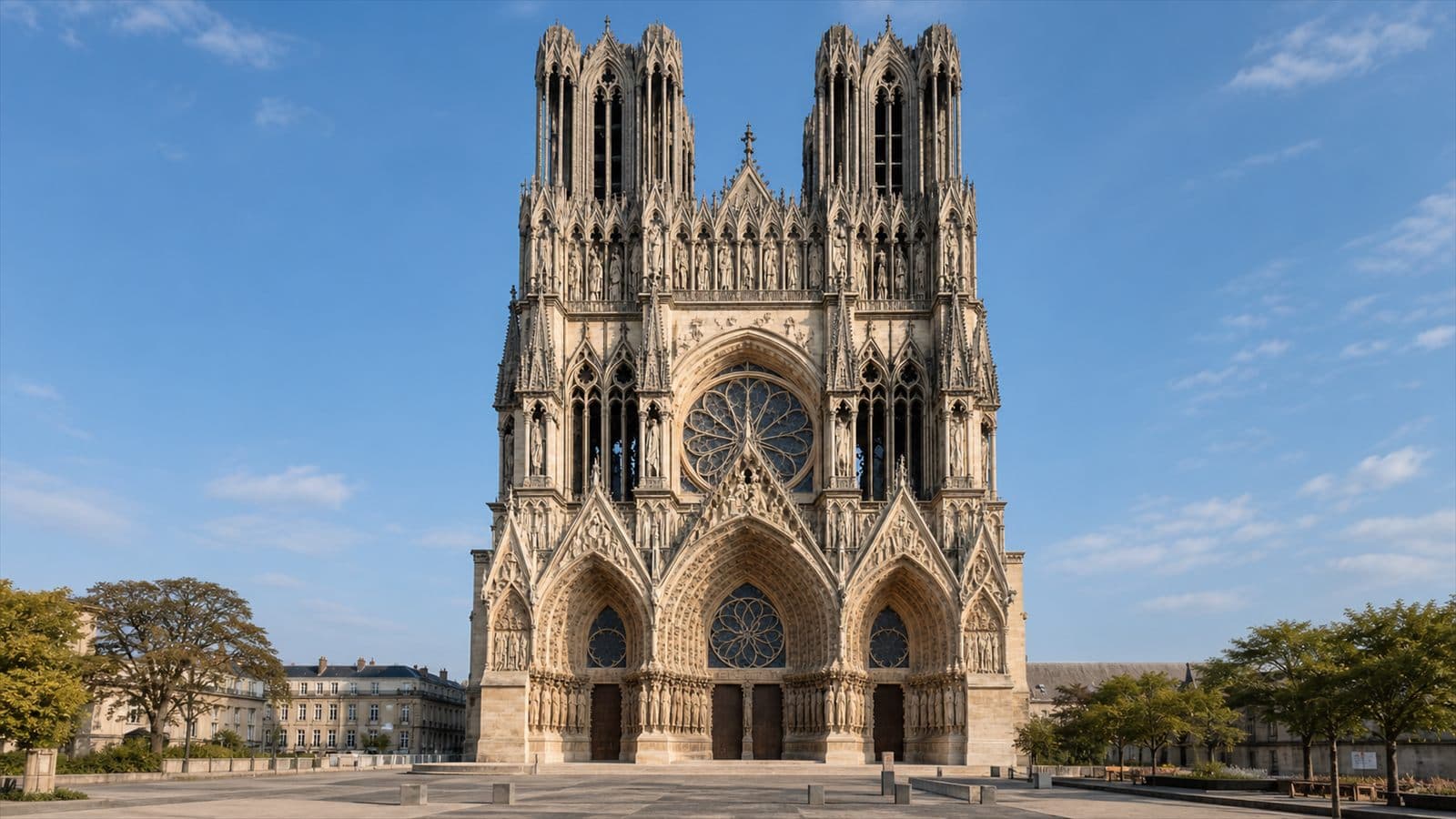 Gothic facade of Notre-Dame de Reims Cathedral during a Champagne day trip from Paris