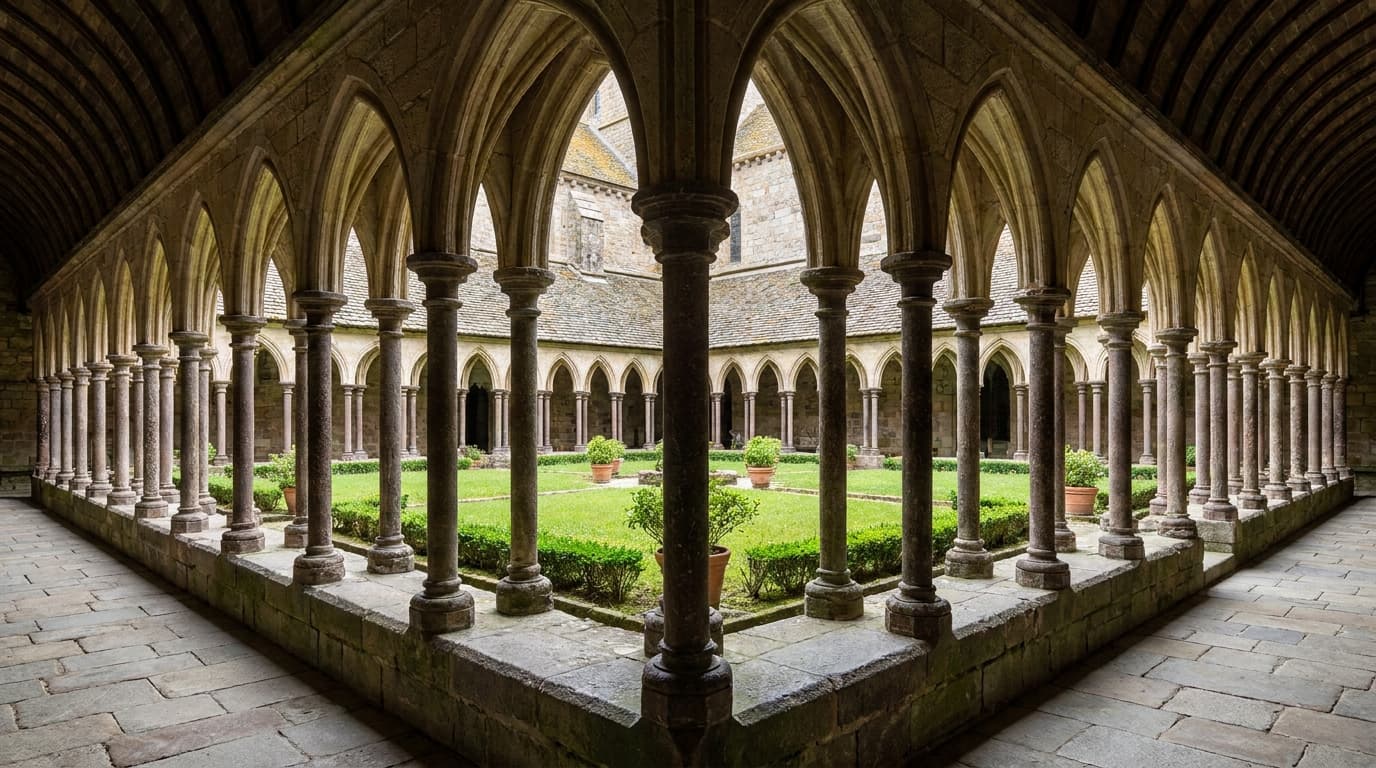 Mont Saint-Michel Abbey Gothic spire interior cloister view