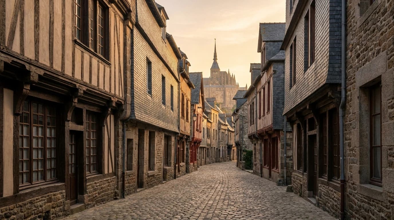 Mont Saint-Michel village Grand Rue morning light before crowds