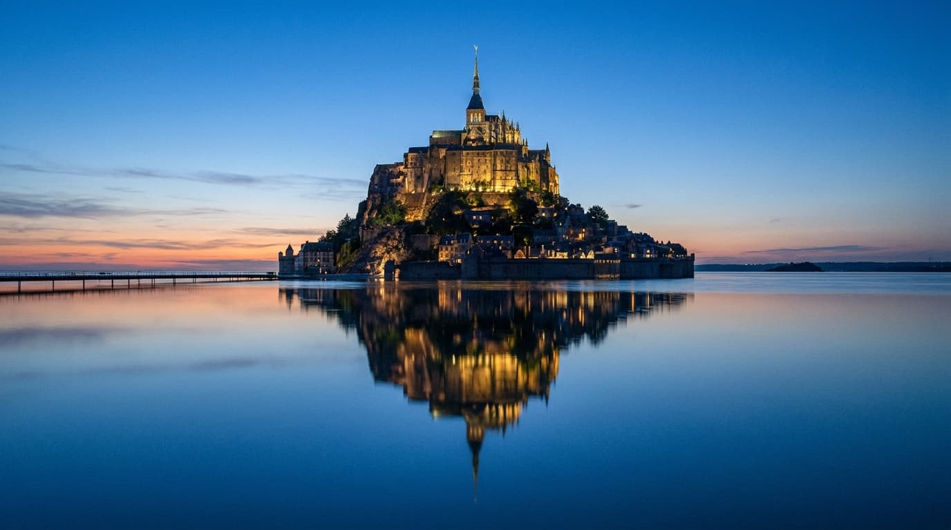 High tide at Mont Saint-Michel, water surrounding the island causeway, Normandy