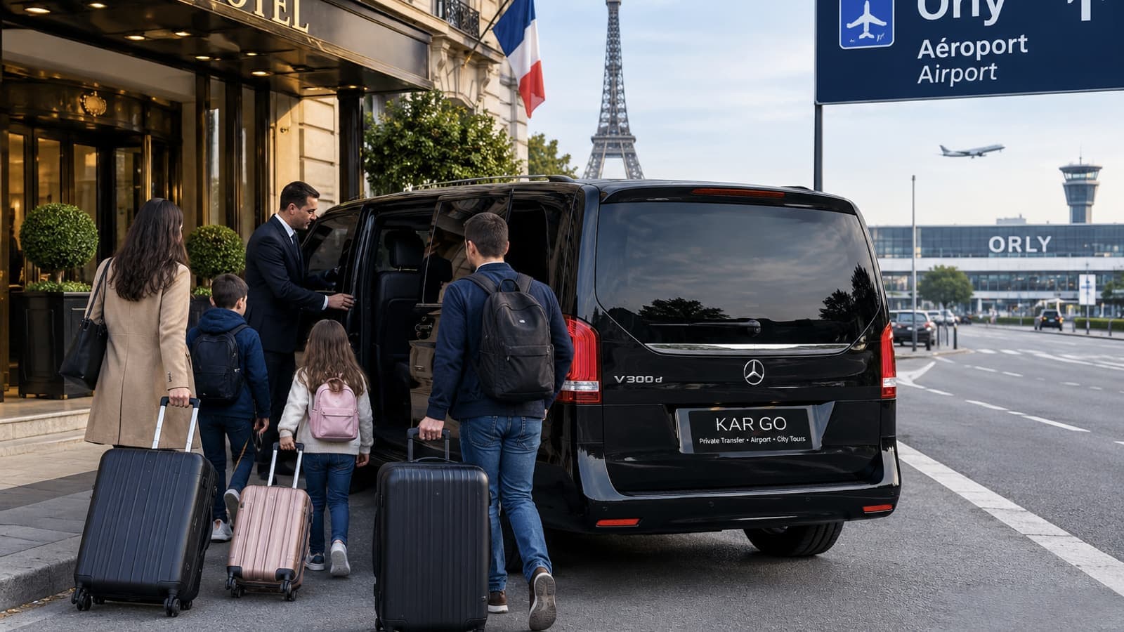 Family with suitcases boarding a black Mercedes V-Class with KAR GO markings outside a Paris hotel