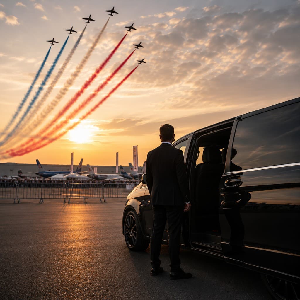 Professional chauffeur Mercedes V-Class Paris Air Show Le Bourget 2026 executive transfer