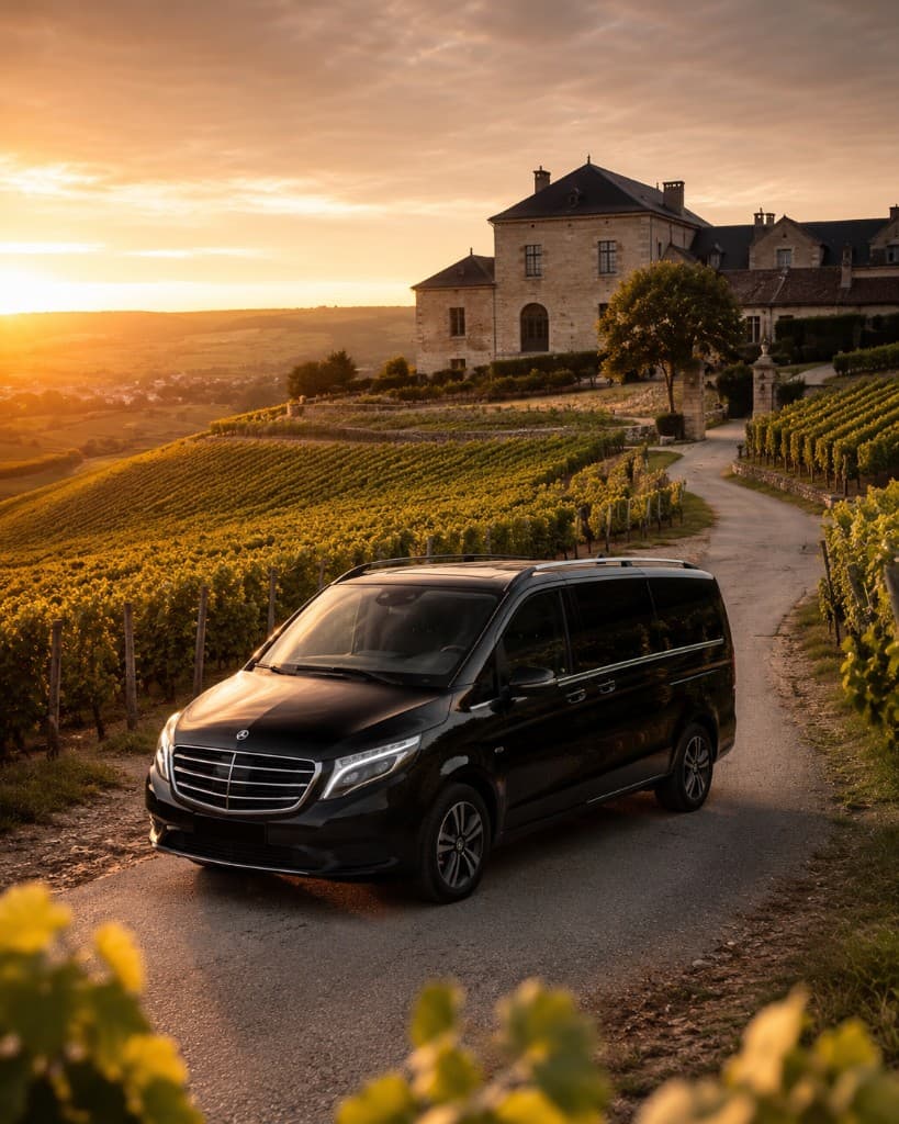 Mercedes Clase V excursión Champagne desde París — viñedos al atardecer dorado