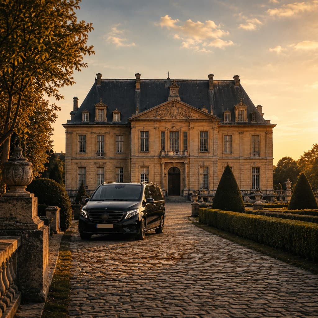 Mercedes Clase V excursión Fontainebleau desde París — palacio de Napoleón al atardecer dorado