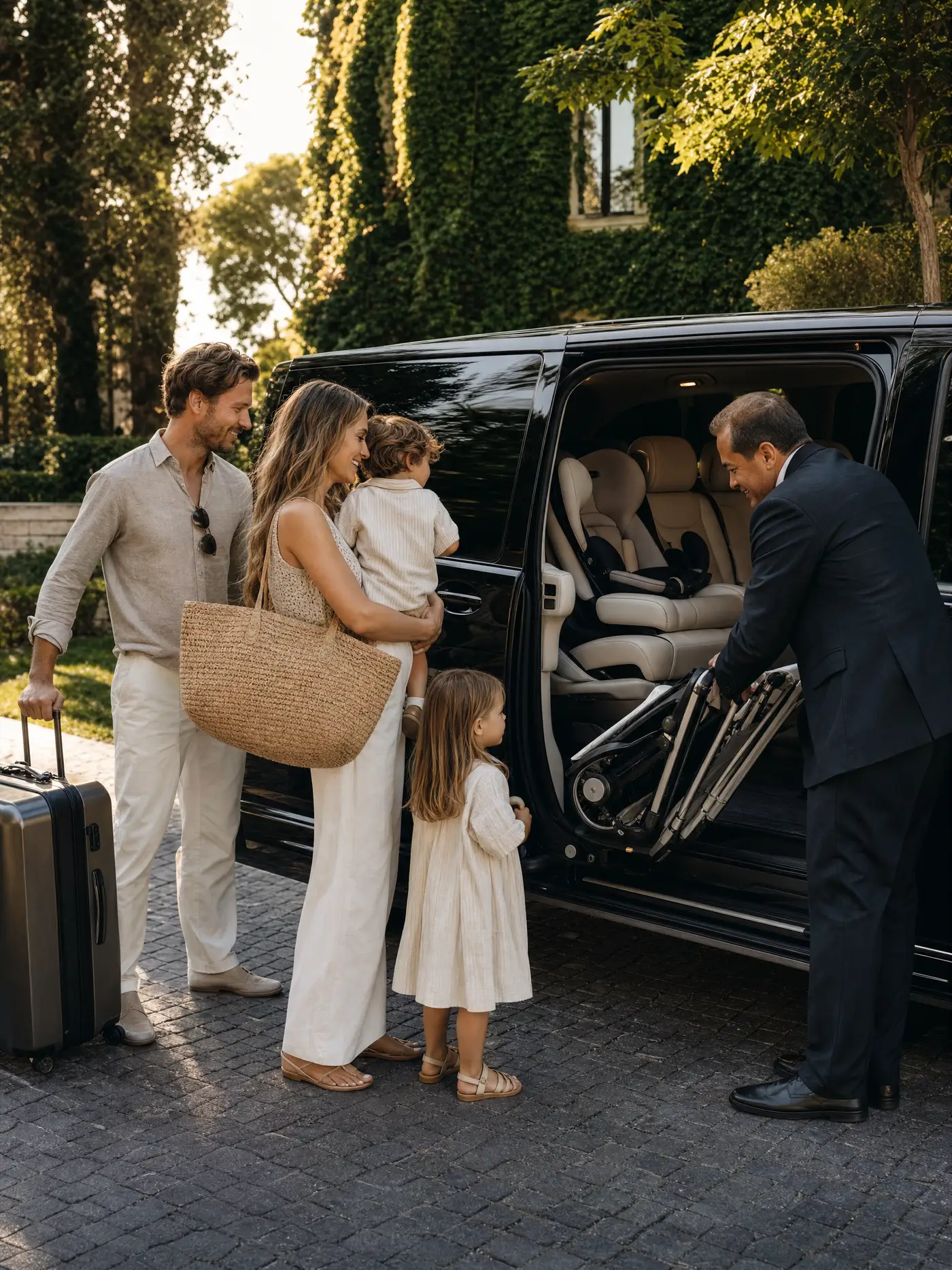 A family with two young children boarding a black Mercedes V-Class fitted with child seats, while the chauffeur loads the stroller