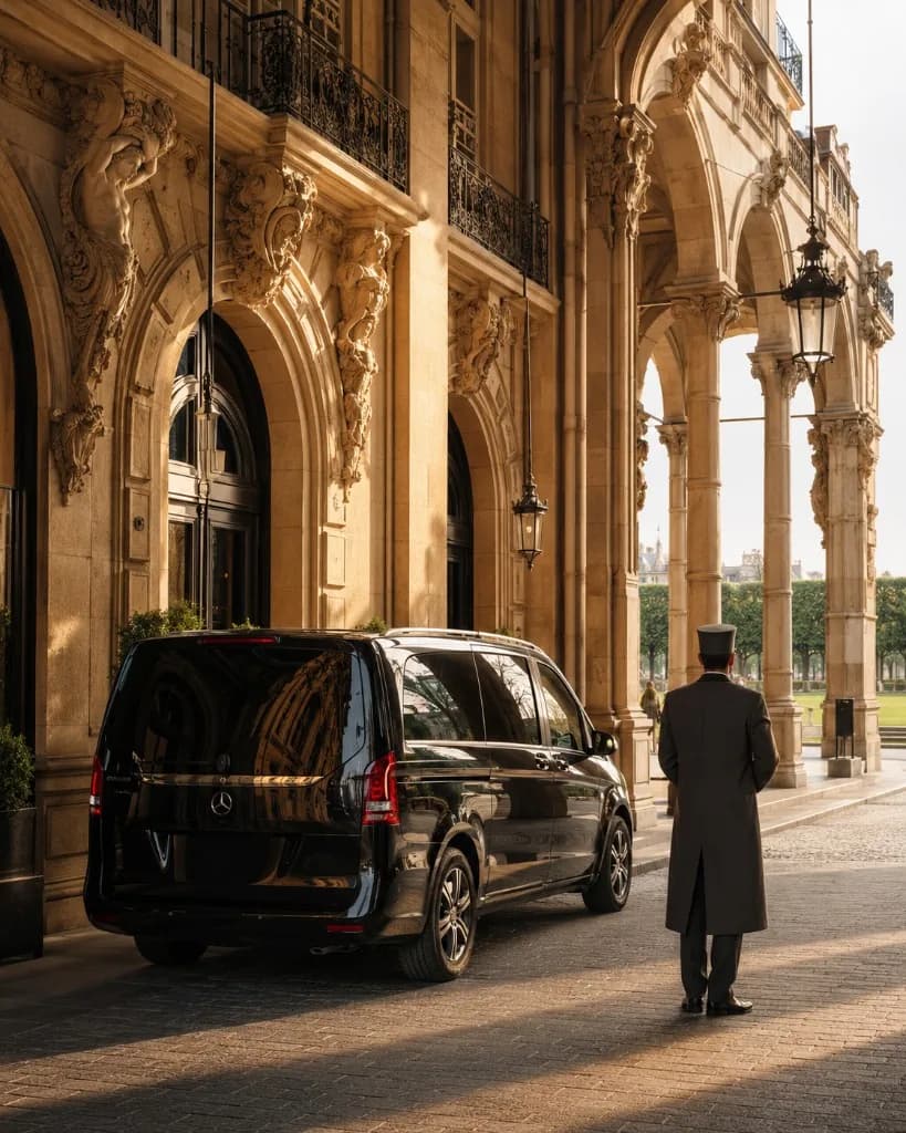 KAR GO Mercedes V-Class private chauffeur transfer to Le Meurice, Rue de Rivoli — Tuileries, Paris