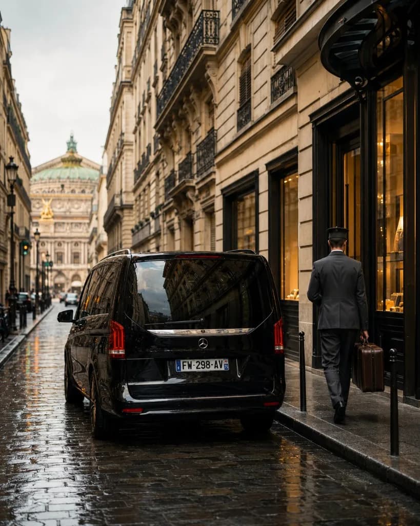 KAR GO Mercedes V-Class private chauffeur transfer to Park Hyatt Paris-Vendôme, Rue de la Paix — Place Vendôme, Paris