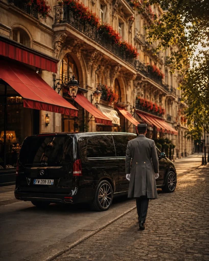 KAR GO Mercedes V-Class private chauffeur transfer to Hôtel Plaza Athénée, Avenue Montaigne, Paris