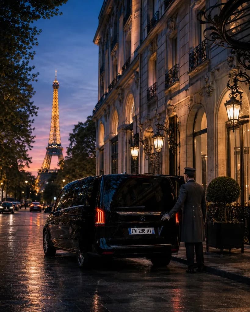 KAR GO Mercedes V-Class private chauffeur transfer to Shangri-La Paris, Avenue d'Iéna — Trocadéro, Paris