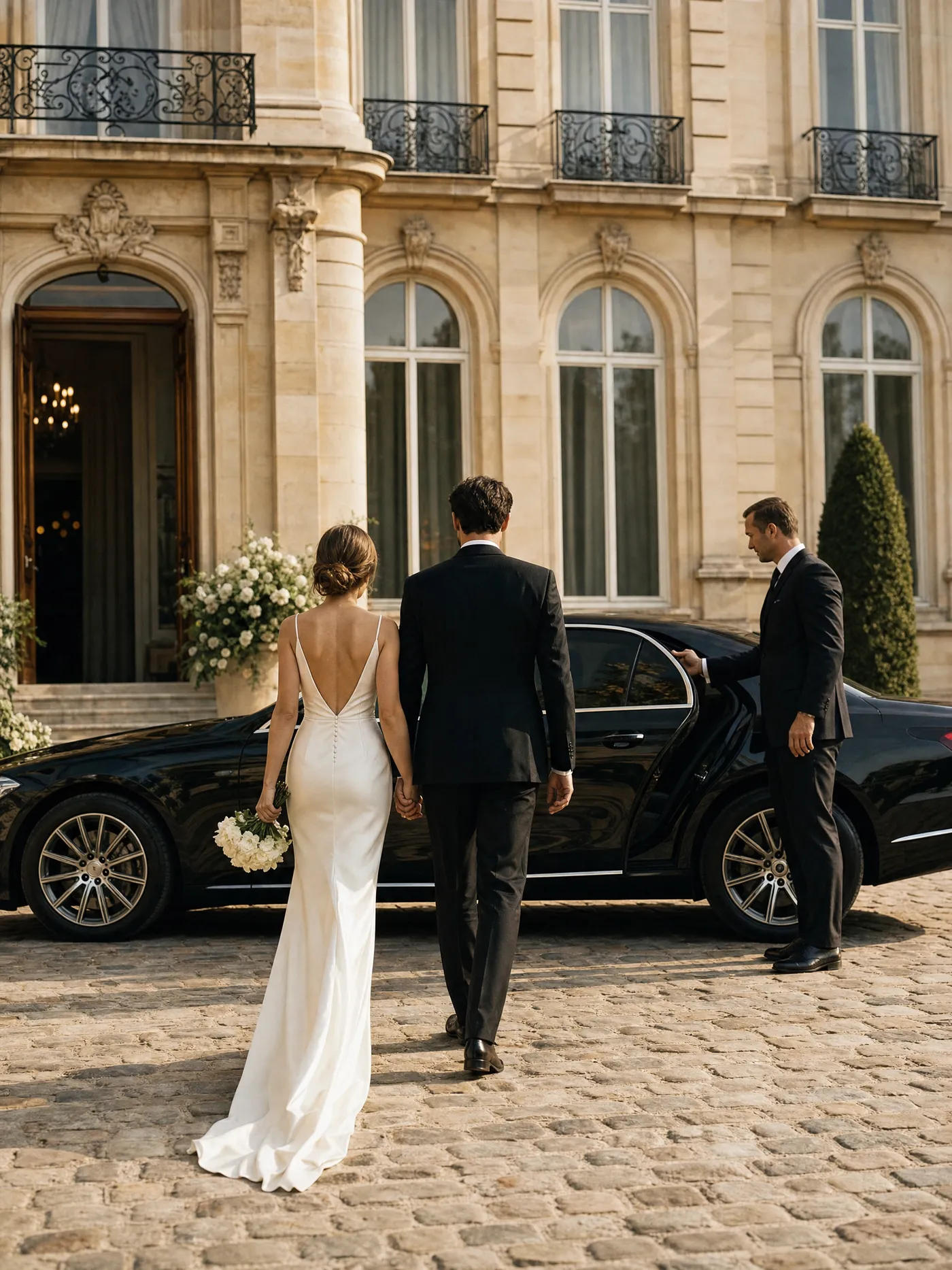 Newlyweds walking hand in hand across the cobbled courtyard of a Paris mansion towards a black Mercedes S-Class, its chauffeur holding the rear door open