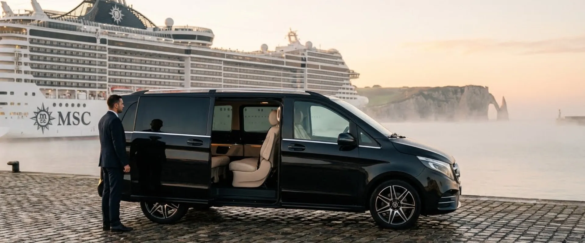 Private Mercedes V-Class transfer at Le Havre cruise port - Professional chauffeur with MSC cruise ship and Étretat cliffs in background