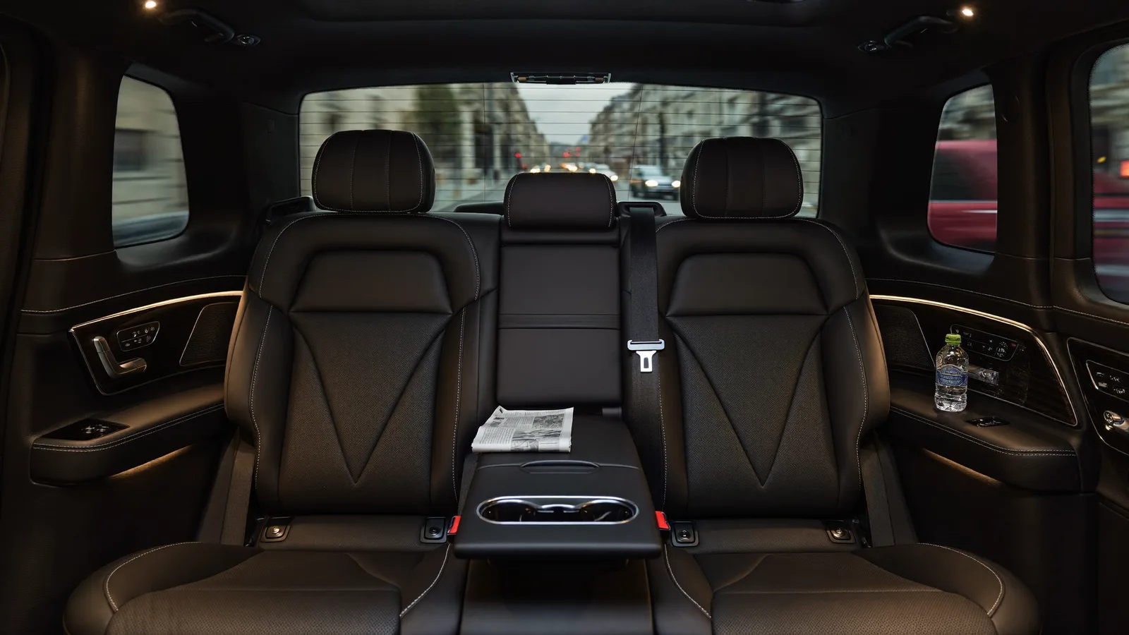 Leather cabin of a Mercedes V-Class configured for business travel