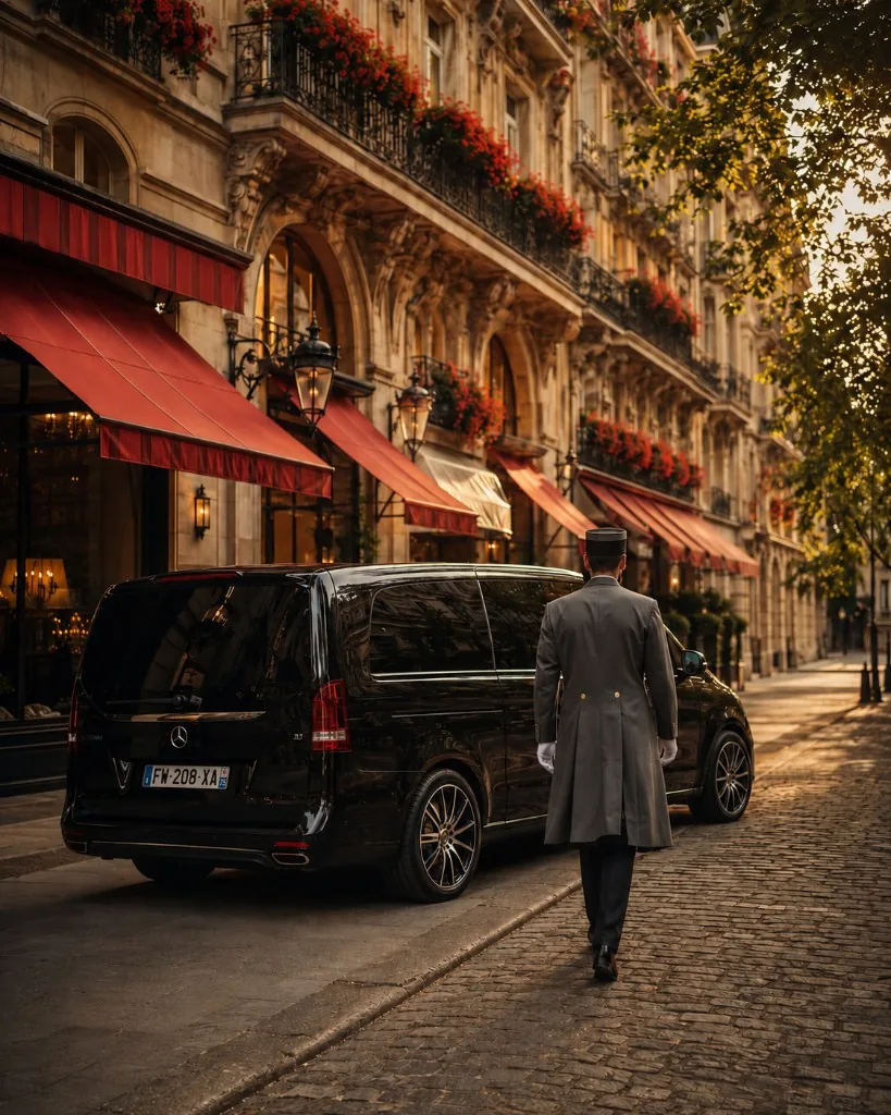 Black Mercedes V-Class waiting on a cobbled Paris street outside a grand hotel in late afternoon light