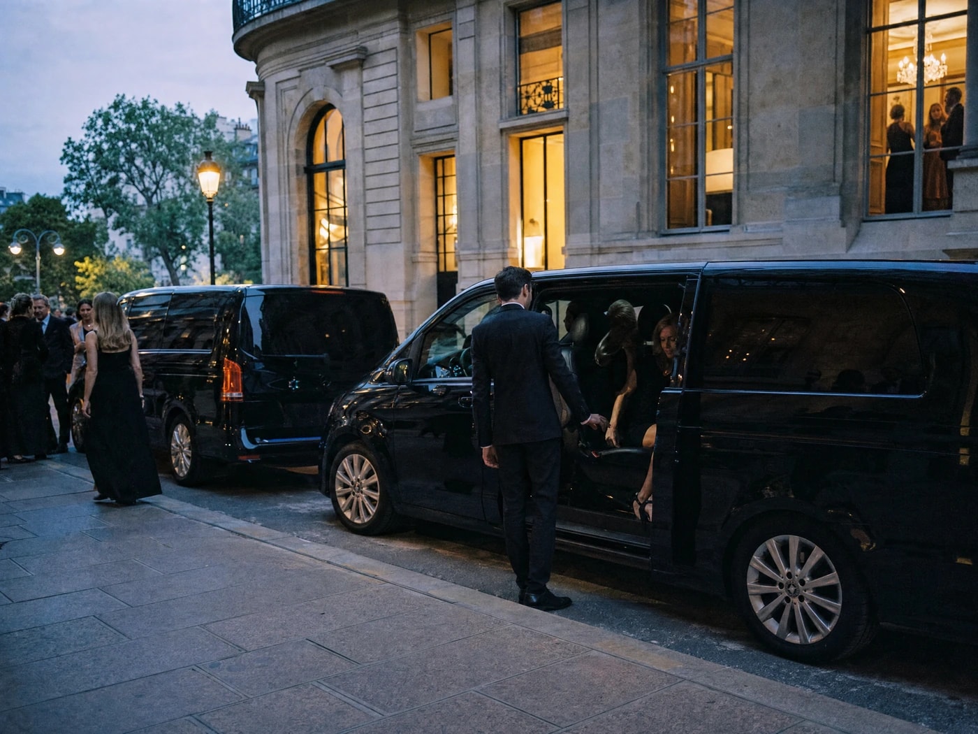 Guests in evening wear arriving by Mercedes V-Class at a Paris event venue at dusk