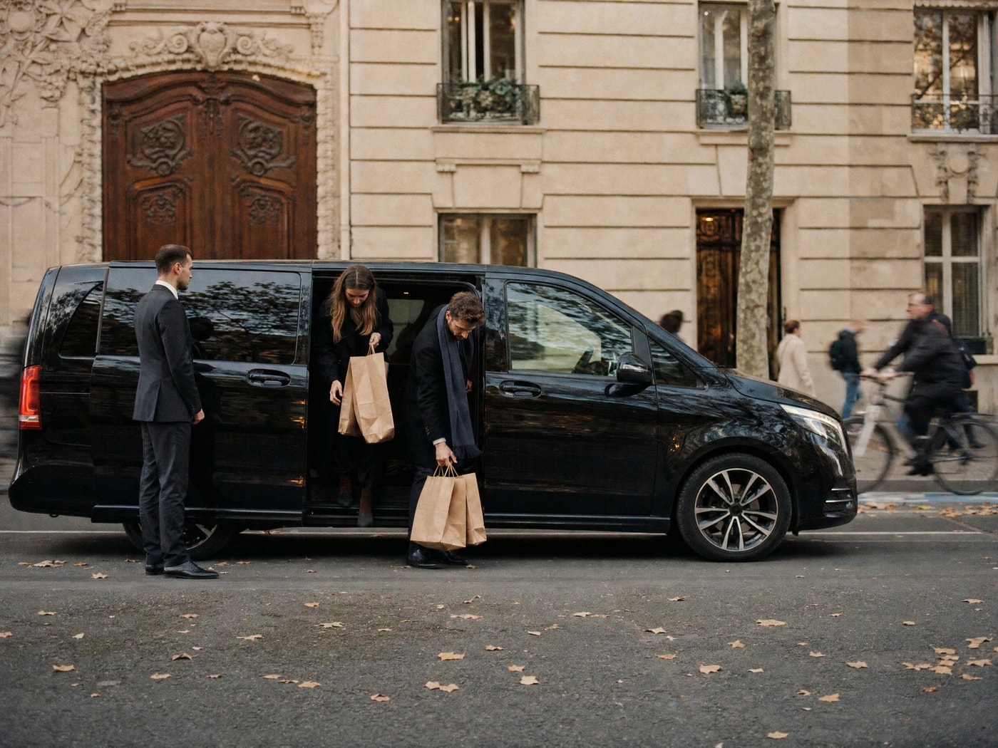 Chauffeur waiting by a Mercedes V-Class as his clients step out with their shopping on a Paris boulevard