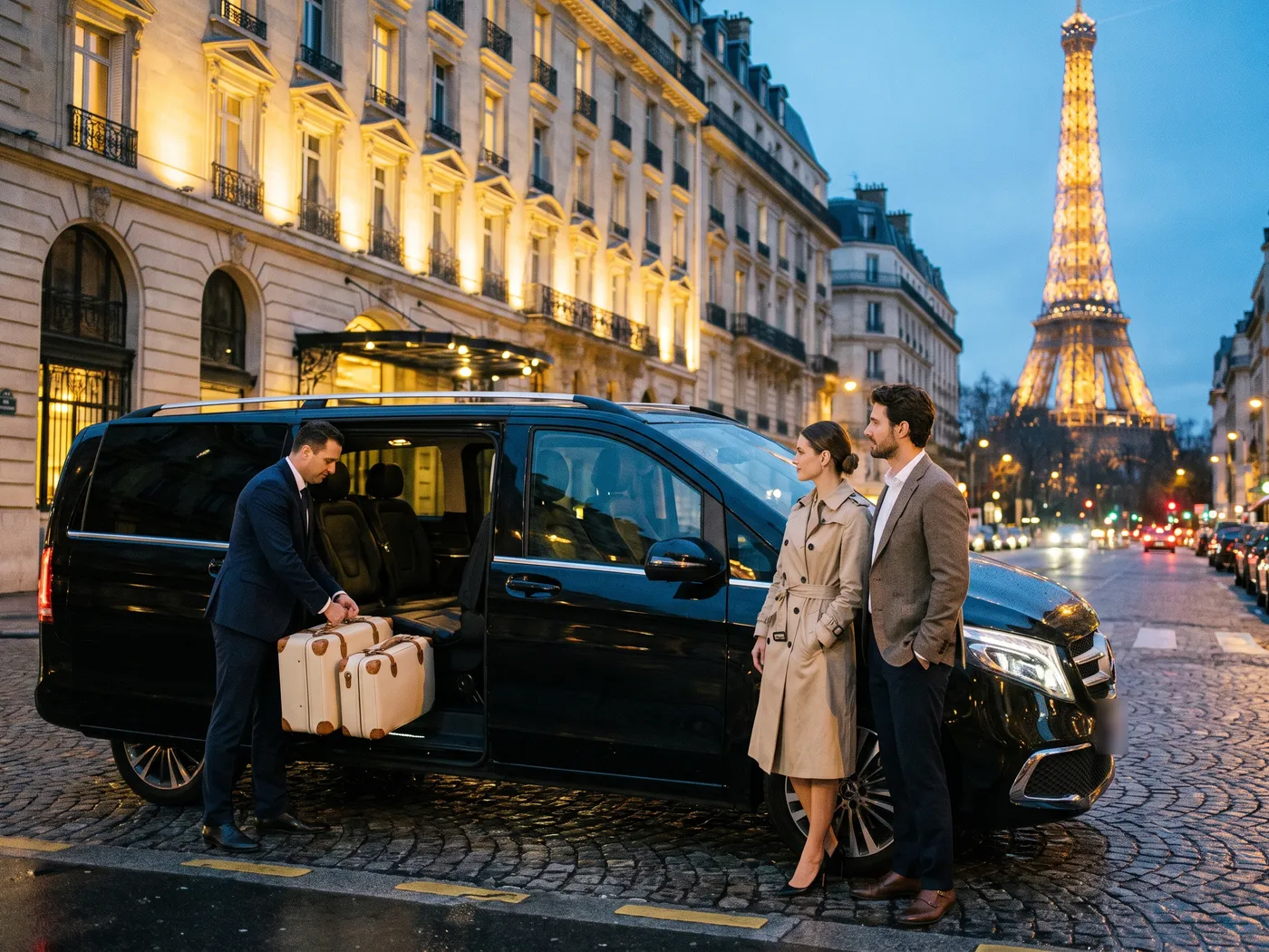 A chauffeur loading cream suitcases into a black Mercedes V-Class at dusk while a couple waits beside it, the lit Eiffel Tower in the distance