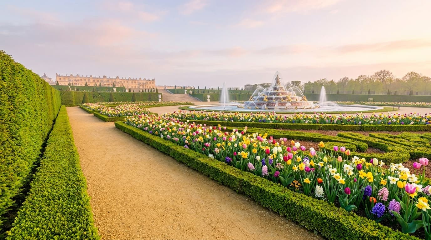 Gardens of Versailles in spring with fountains active