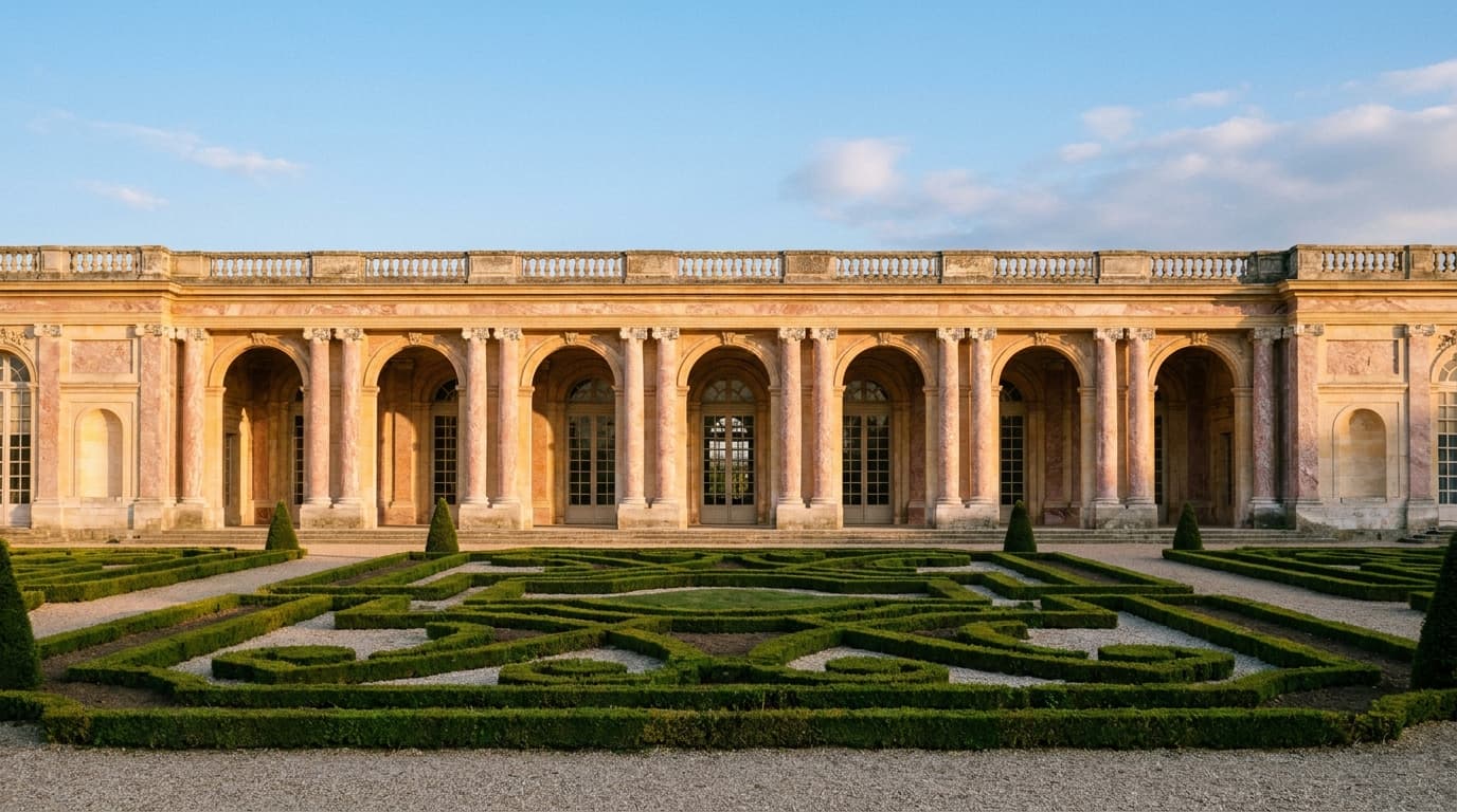 Grand Trianon pink marble colonnade, Versailles estate